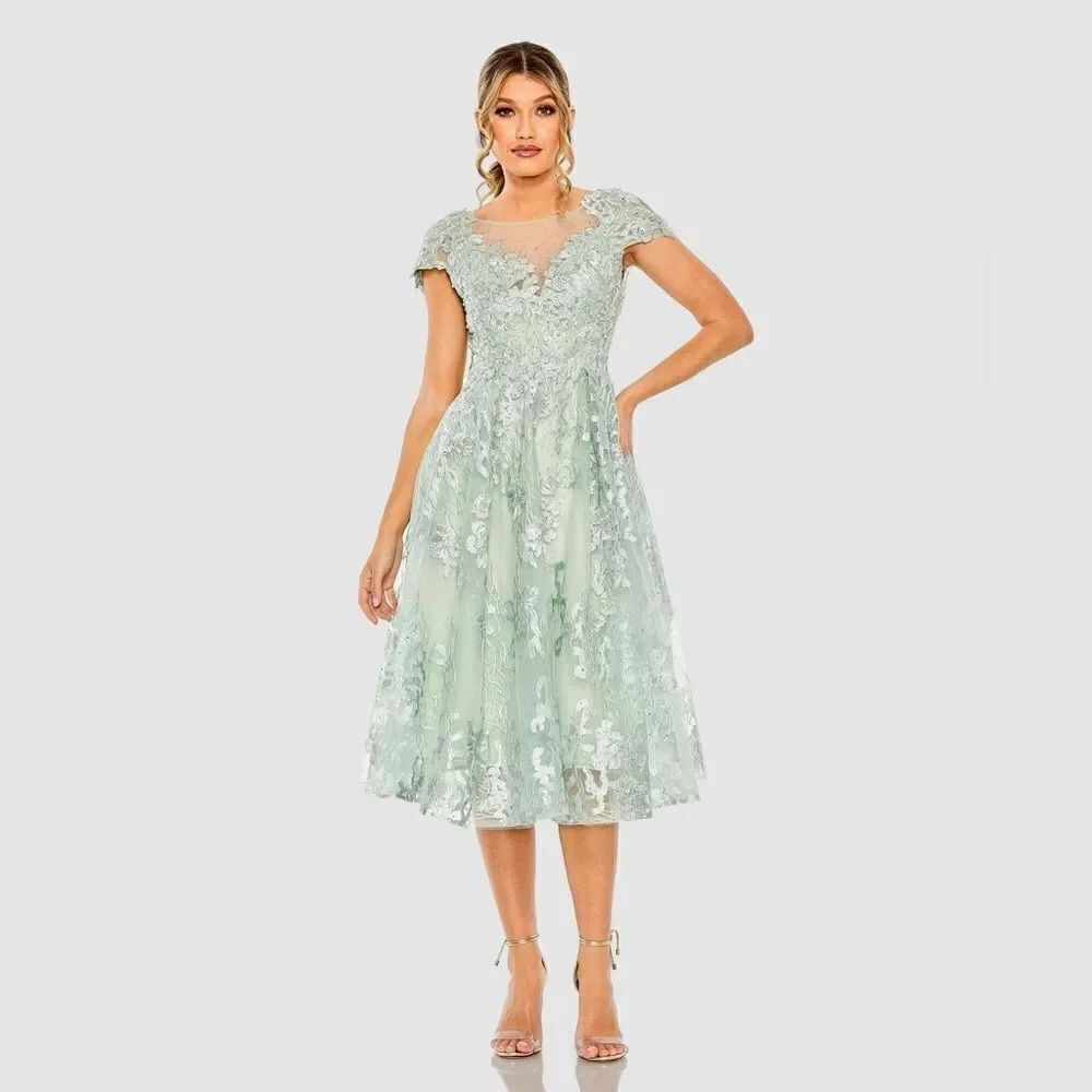 MAC DUGGAL 20978 Green Embroidered Cap Sleeve A Line Dress